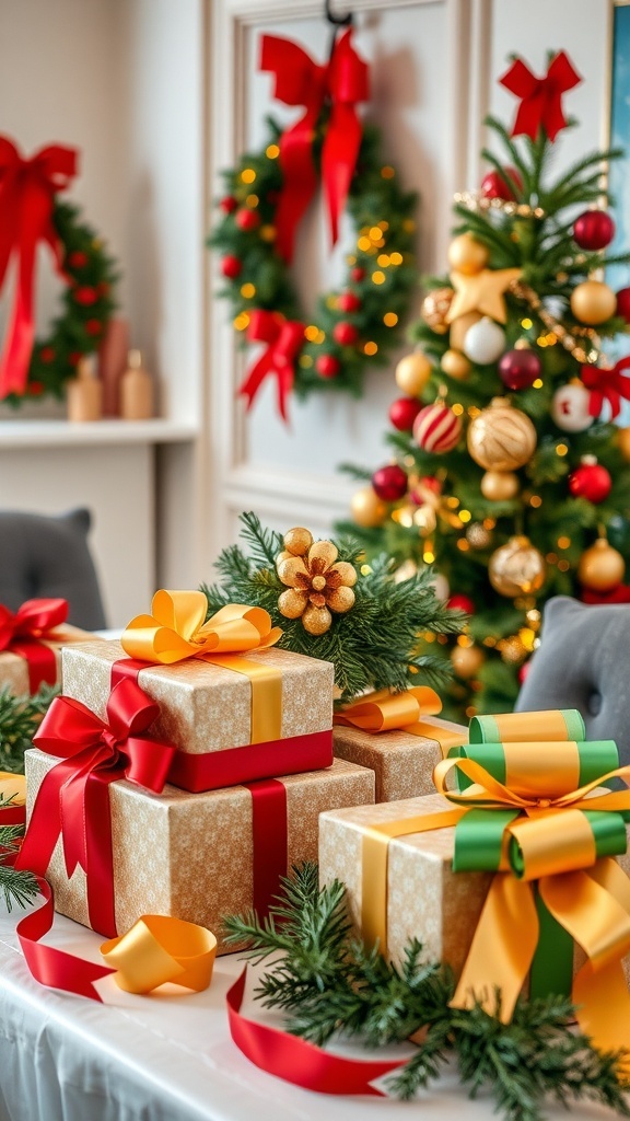 A festive Christmas decoration scene with ribbons on gifts, a wreath, and a tree.